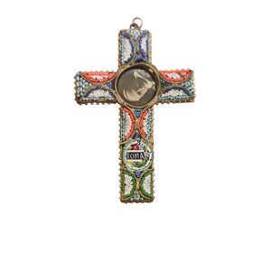 Antique Micro Mosaic Roma Pope Cross Pendant (A8565)